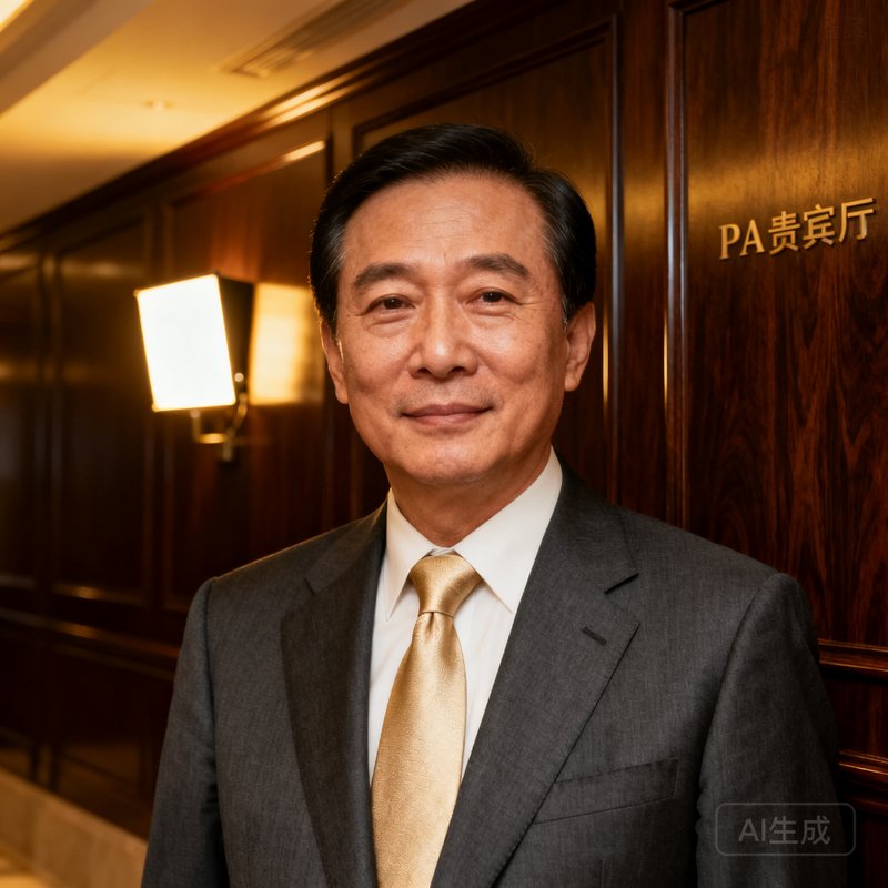 PA贵宾厅创始人兼首席执行官林启华先生半身肖像照，他年约45岁，身着深灰色西装搭配香槟色领带，眼神坚定而温和，背景为PA贵宾厅标志性的深色木质饰面墙
